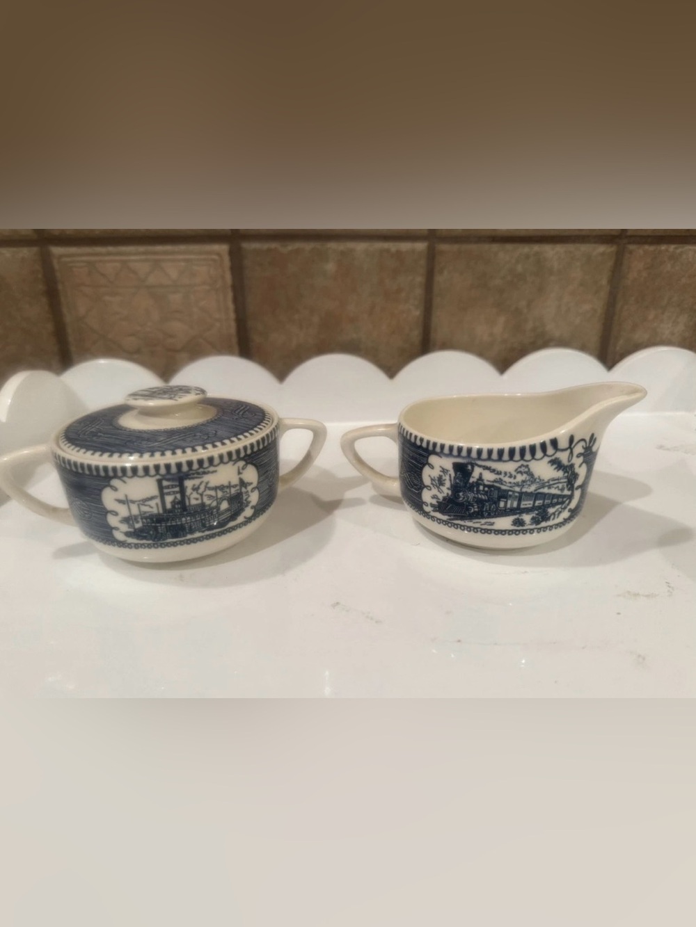 Blue and White Porcelain Sugar Bowl and Creamer Set by